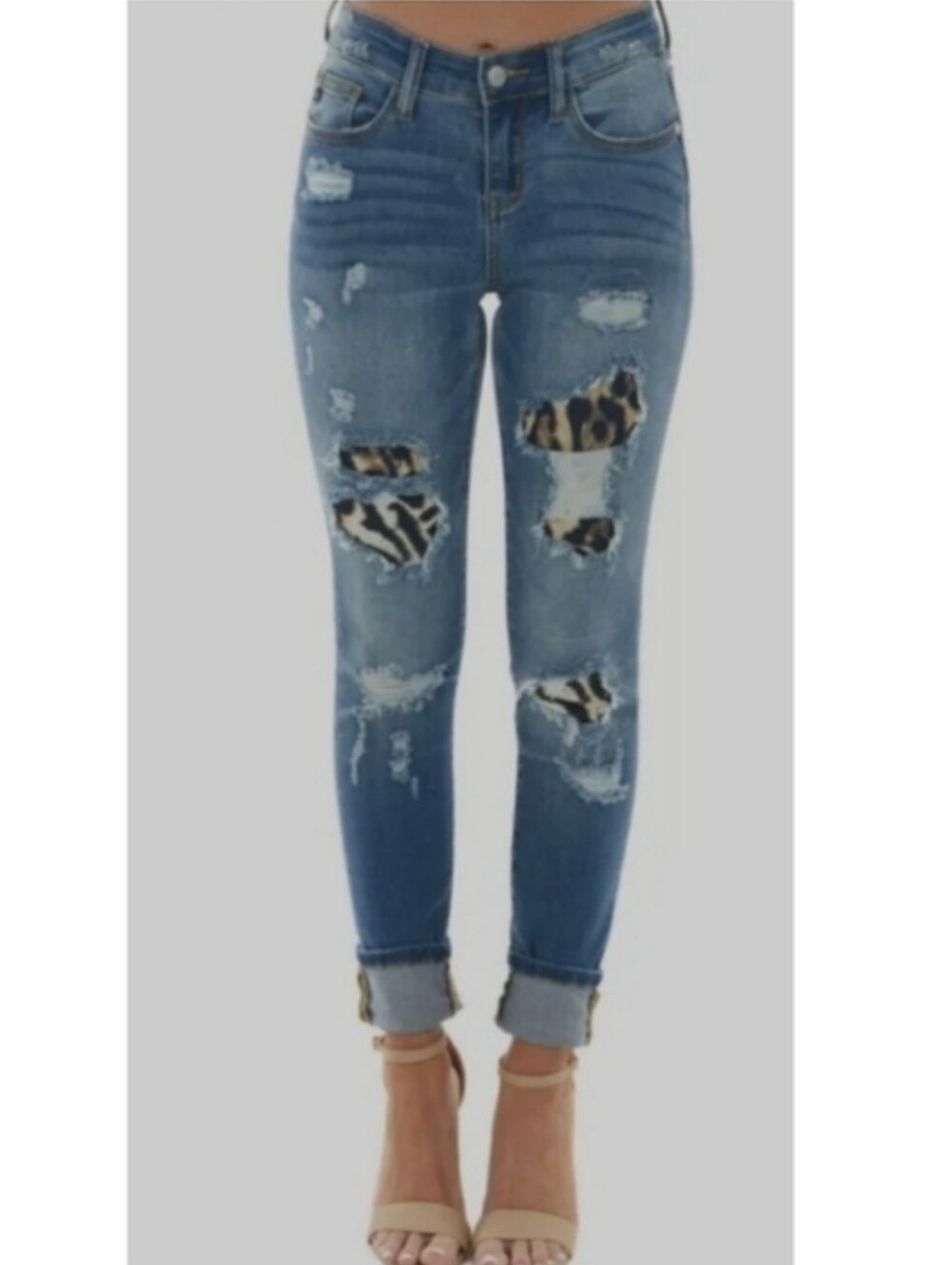 Judy Blue Distressed Blue Jeans Women's Skinny Cheetah Patching Size 13/31